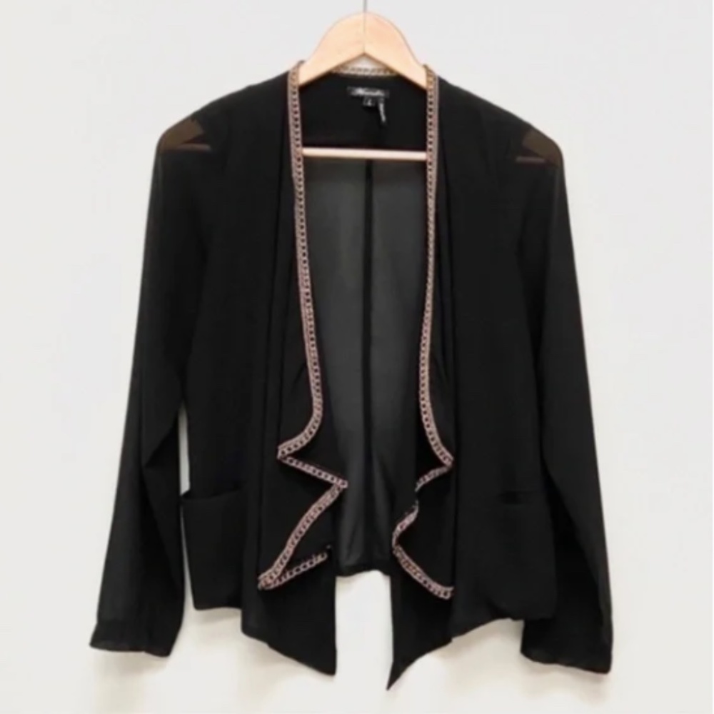 Black Semi Sheer Open Jacket Blazer Cardigan w Gold Metal Trim Size Large